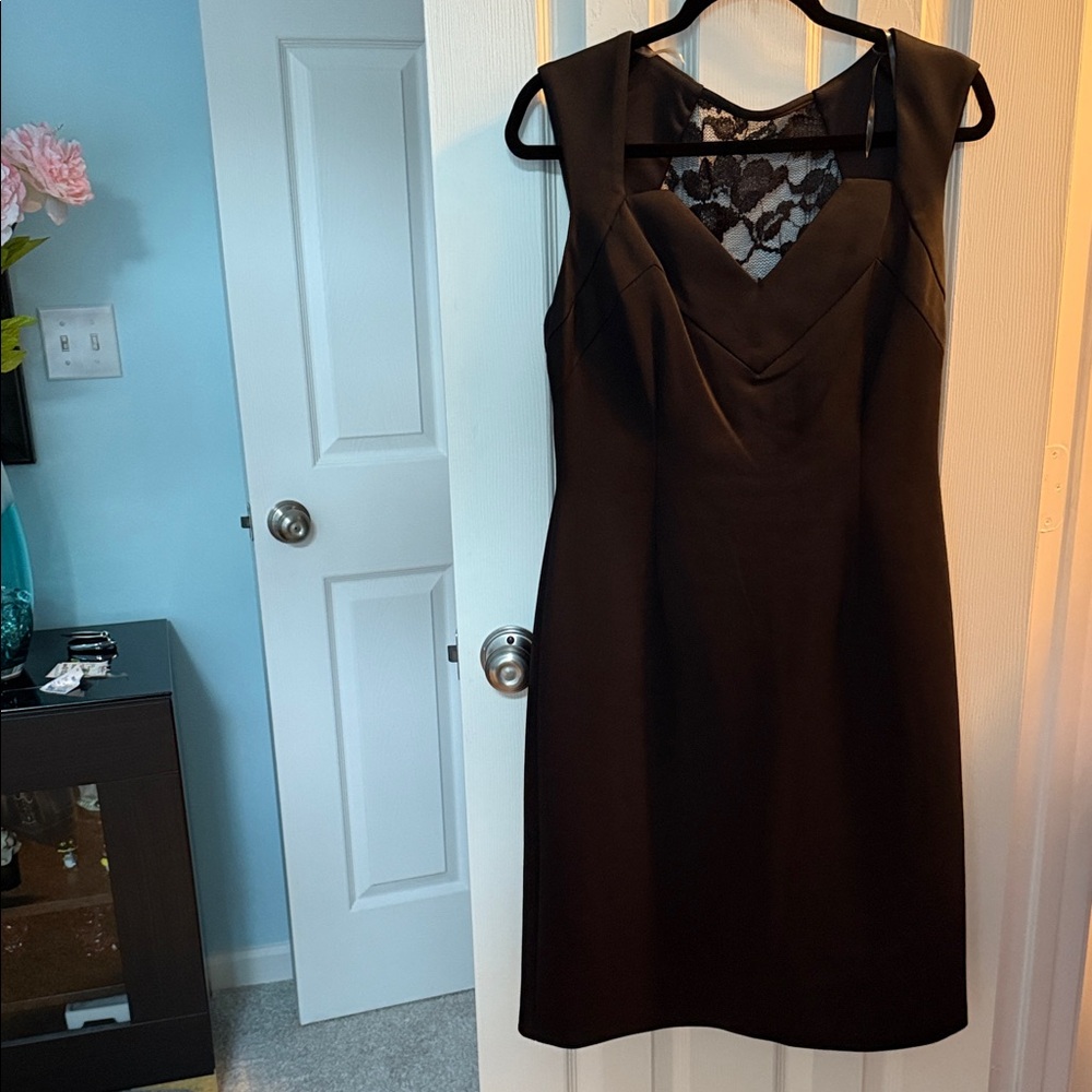 Connected Apparel Black Mini Dress with Lace Accent